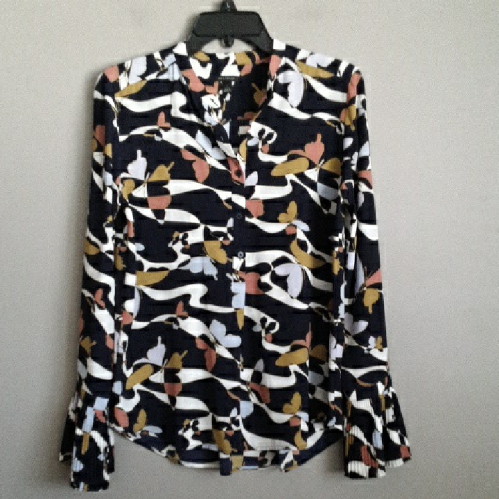 Ann Taylor Navy Abstract Print Button-Up Blouse NWOT